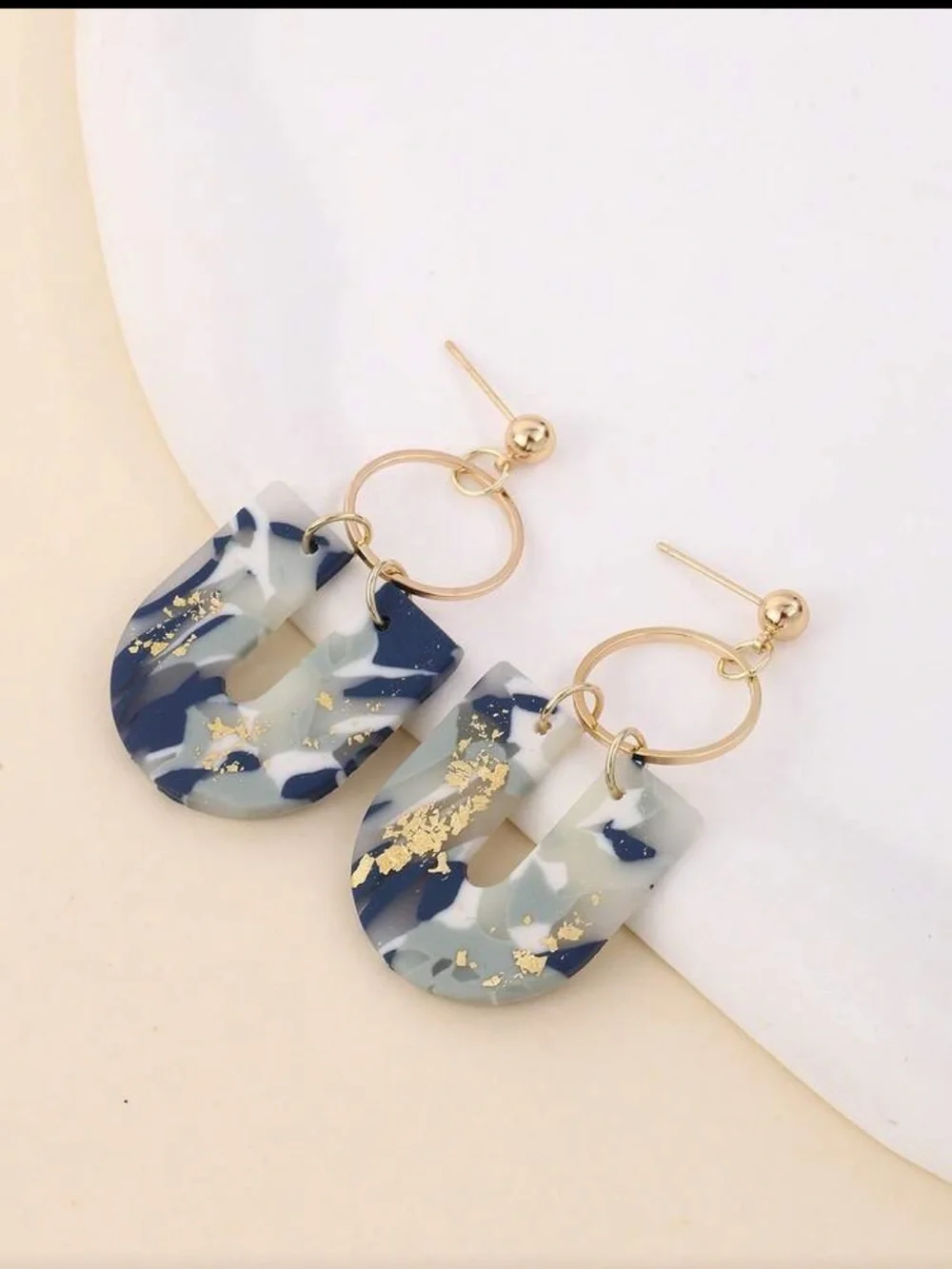 Gold Accent Navy Blue Marble Drop Earrings